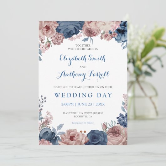 Navy Blue Roos Mauve Waterverf Floral Wedding Kaart (Staand voorkant)