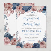 Navy Blue Roos Mauve Waterverf Floral Wedding Kaart (Voorkant / Achterkant)