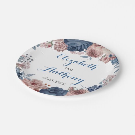 Navy Blue Roos Mauve Waterverf Floral Wedding Papieren Bordje (Gekanteld)