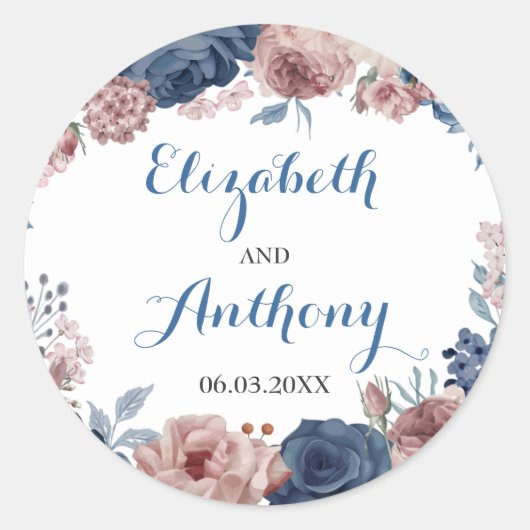 Navy Blue Roos Mauve Waterverf Floral Wedding Ronde Sticker (Voorkant)