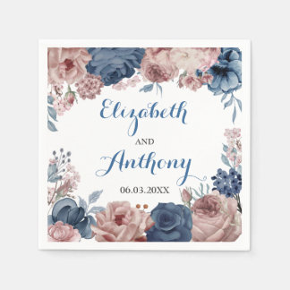 Navy Blue Roos Mauve Waterverf Floral Wedding Servet