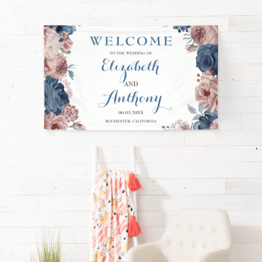 Navy Blue Roos Mauve Waterverf Wedding Backdrop Spandoek (Insitu)