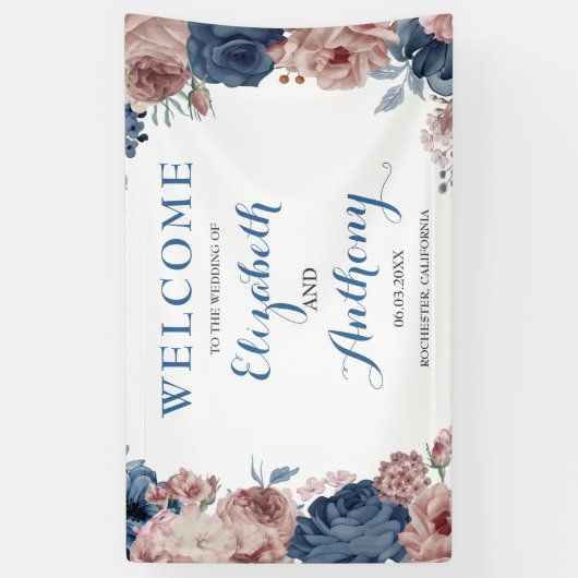 Navy Blue Roos Mauve Waterverf Wedding Backdrop Spandoek (Verticaal)