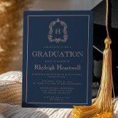 Navy Blue Roos Monogram Crest Graduation Party Kaart