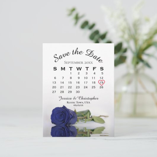 Navy Blue Roos Wedding Calendar Save the Date Aankondigingskaart (Staand voorkant)