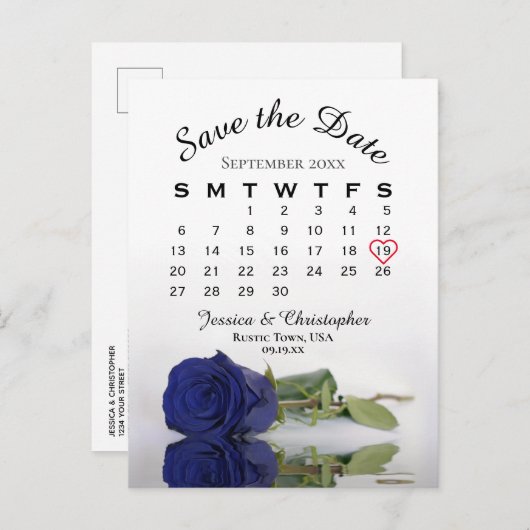 Navy Blue Roos Wedding Calendar Save the Date Aankondigingskaart (Voorkant / Achterkant)