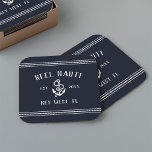 Navy Blue Rope en Anchor Boat Name Square Kartonnen Onderzetters<br><div class="desc">Voeg een coole aanraking met uw vissersboot, zeilboot, jacht of woonboot toe met deze gepersonaliseerde onderzetters. Klassiek nautisch ontwerp in diep, rijk marinesblauw en wit kenmerkt uw bootnaam, scheepsregister en jaar dat in bijtende witte letters met een ankerillustratie en touwstreep wordt vastgesteld die bij de bovenkant en de bodem gedetailleerd...</div>