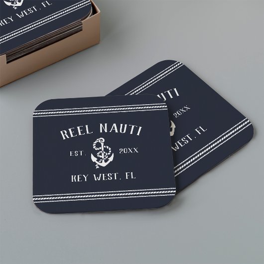 Navy Blue Rope en Anchor Boat Name Square Kartonnen Onderzetters