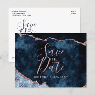 Navy Blue Rose Gold Agate Marble Save the Date Aankondigingskaart