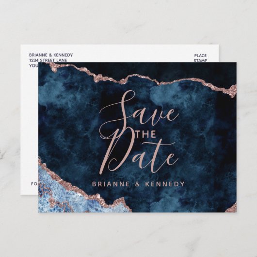 Navy Blue Rose Gold Agate Marble Save the Date Aankondigingskaart (Voorkant / Achterkant)