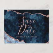 Navy Blue Rose Gold Agate Marble Save the Date Aankondigingskaart (Voorkant)