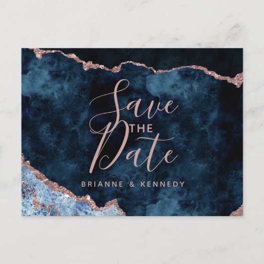 Navy Blue Rose Gold Agate Marble Save the Date Aankondigingskaart (Voorkant)