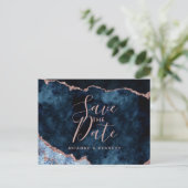 Navy Blue Rose Gold Agate Marble Save the Date Aankondigingskaart (Staand voorkant)