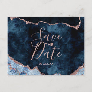 Navy Blue Rose Gold Agate Marble Save the Date Aankondigingskaart