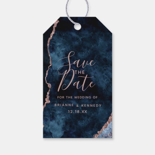 Navy Blue Rose Gold Agate Marble Save the Date Cadeaulabel (Voorkant)