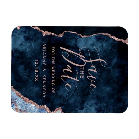 Navy Blue Rose Gold Agate Marble Save the Date Magneet (Horizontaal)