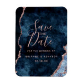 Navy Blue Rose Gold Agate Marble Save the Date Magneet (Verticaal)