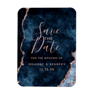 Navy Blue Rose Gold Agate Marble Save the Date Magneet