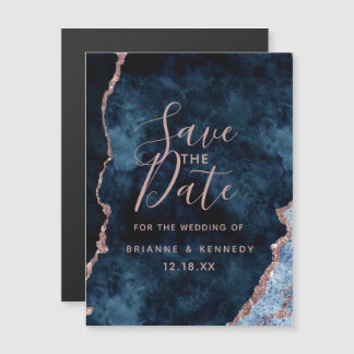 Navy Blue Rose Gold Agate Marble Save the Date Magnetische Uitnodiging