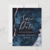 Navy Blue Rose Gold Agate Marble Save the Date Magnetische Uitnodiging (Voorkant)