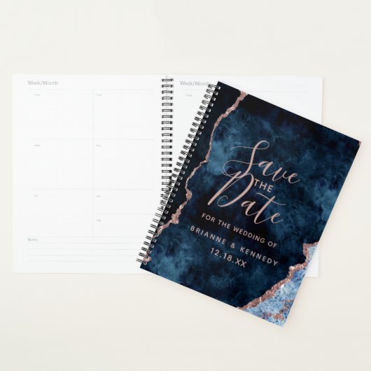 Navy Blue Rose Gold Agate Marble Save the Date Planner (Display)
