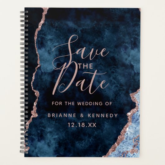 Navy Blue Rose Gold Agate Marble Save the Date Planner (Voorkant)