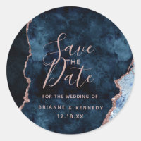 Navy Blue Rose Gold Agate Marble Save the Date