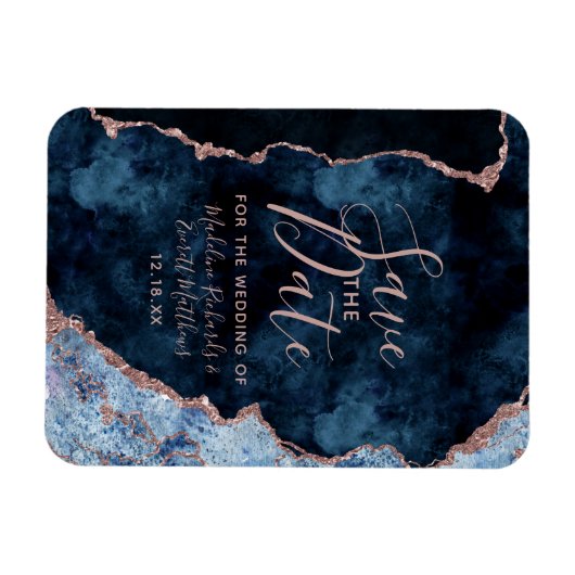 Navy Blue Rose Gold Agate Save the Date Wedding Magneet (Horizontaal)