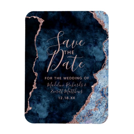 Navy Blue Rose Gold Agate Save the Date Wedding Magneet (Verticaal)