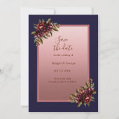 Navy Blue Rose Gold Floral wedding Save the Date Kaart (Voorkant)