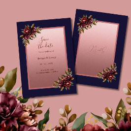 Navy Blue Rose Gold Floral wedding Save the Date Kaart