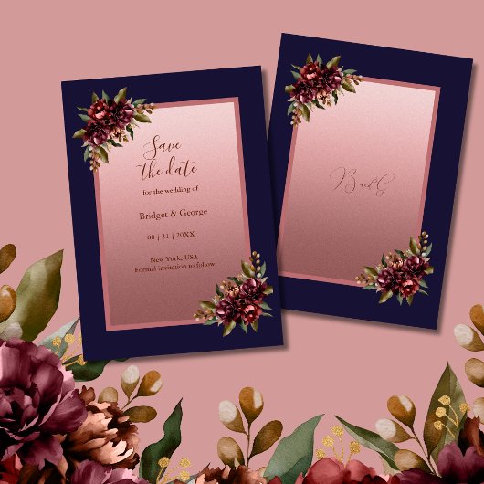 Navy Blue Rose Gold Floral wedding Save the Date Kaart