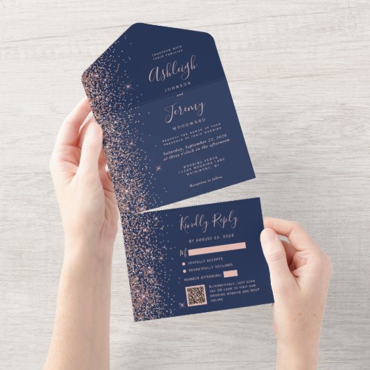 Navy Blue Rose Gold Glitter QR Code Wedding All In One Uitnodiging (Afscheurbaar)