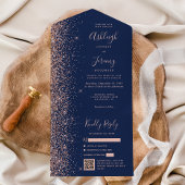 Navy Blue Rose Gold Glitter QR Code Wedding All In One Uitnodiging
