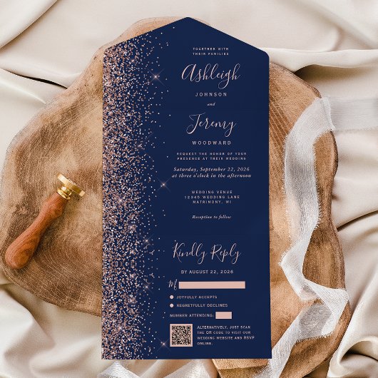 Navy Blue Rose Gold Glitter QR Code Wedding All In One Uitnodiging