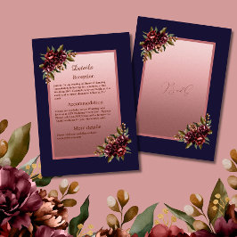 Navy Blue Rose Gold Script Burgundy floral wedding Informatiekaartje