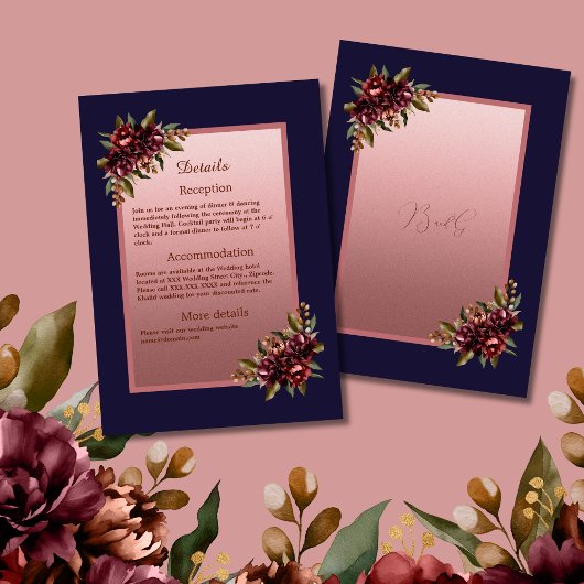 Navy Blue Rose Gold Script Burgundy floral wedding Informatiekaartje
