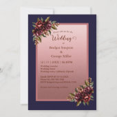 Navy Blue Rose Gold Script Burgundy floral wedding Kaart (Voorkant)