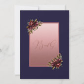 Navy Blue Rose Gold Script Burgundy floral wedding Kaart (Achterkant)