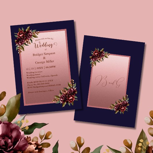 Navy Blue Rose Gold Script Burgundy floral wedding Kaart