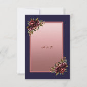 Navy Blue Rose Gold Script Burgundy floral wedding RSVP Kaartje (Achterkant)