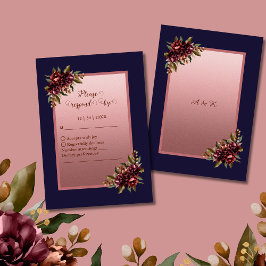 Navy Blue Rose Gold Script Burgundy floral wedding RSVP Kaartje
