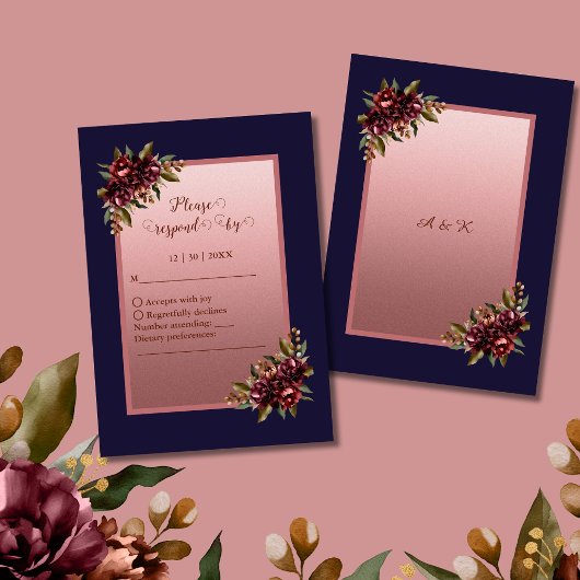 Navy Blue Rose Gold Script Burgundy floral wedding RSVP Kaartje