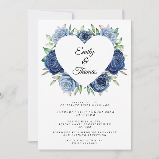 Navy Blue Rose Heart Wedding Invitation Kaart (Voorkant)