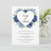 Navy Blue Rose Heart Wedding Invitation Kaart (Staand voorkant)