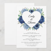 Navy Blue Rose Heart Wedding Invitation Kaart (Voorkant / Achterkant)