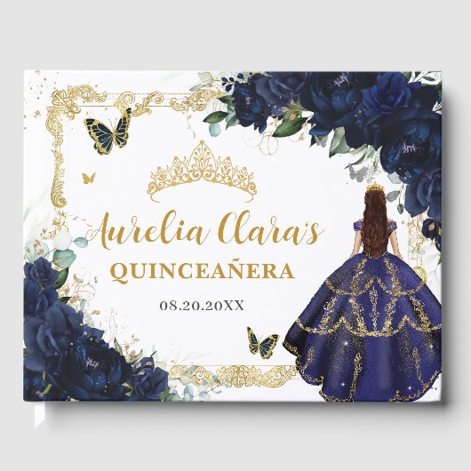Navy Blue Roses Floral Princess Gold Quinceanera  Gastenboek (Voorkant)
