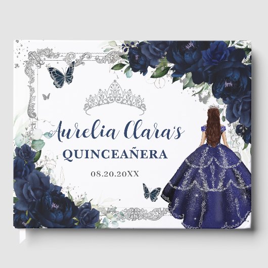 Navy Blue Roses Floral Princess Quinceañera 15 16 Gastenboek (Voorkant)