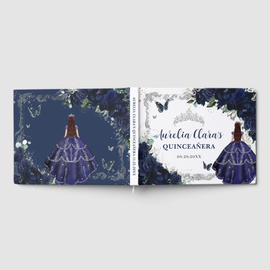 Navy Blue Roses Floral Princess Quinceañera 15 16 Gastenboek (Volledig)