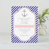 Navy blue, roze anker en strepen nautische bruilof kaart (Staand voorkant)